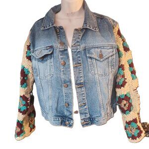 Jean Jacket with Turquois and Maroon Granny Square Sleeves